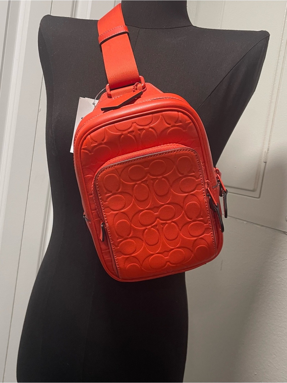 $378+ NEW Coach Track Pack Small Bag In Signature Leather in Red Orange